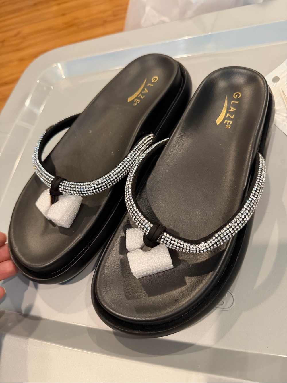 Glaze Black Sandal Flip Flops with Silver Rhinestone Straps